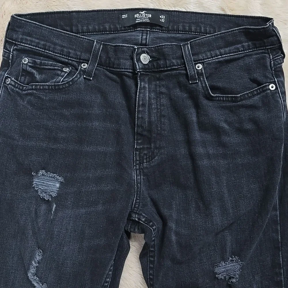 HOLLISTER BLACK WASH SLIM STRAIGHT DISTRESSED JEANS, SIZE 33X32